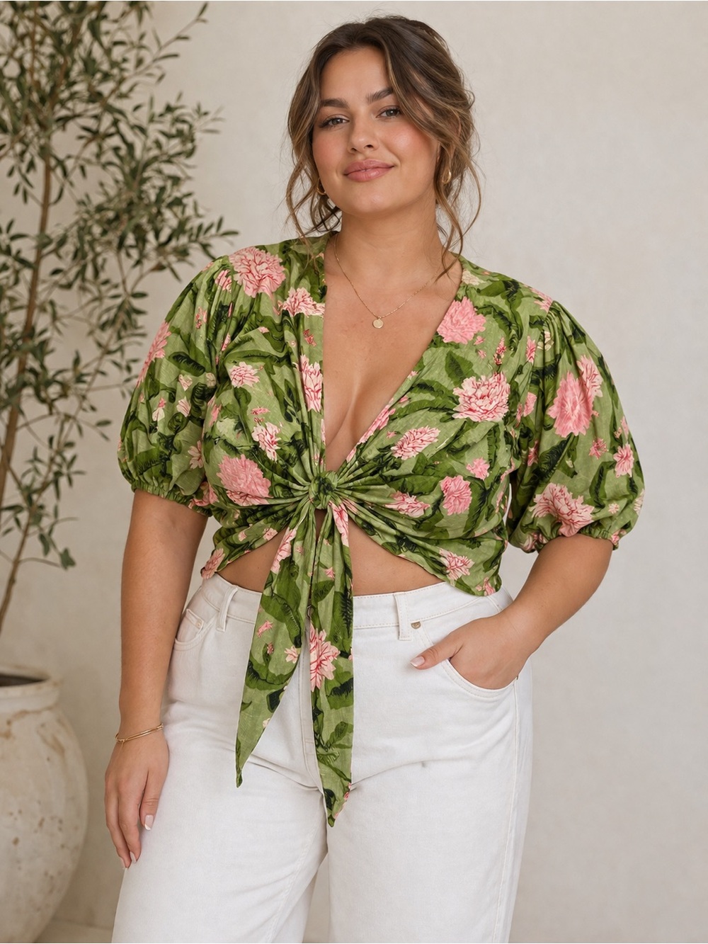 Agua Bendita Green Floral Tie-Front Puff Sleeve Crop Top